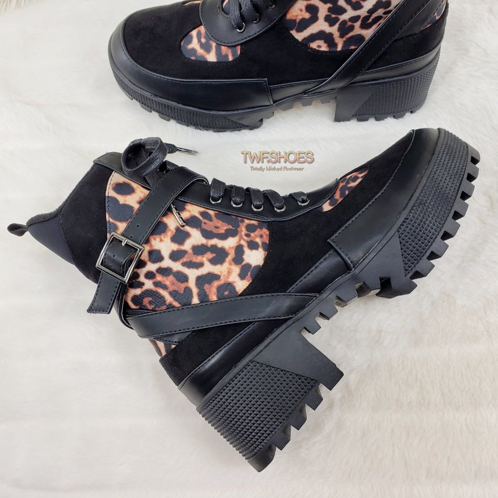 Chase Lug Sole Combat Ankle Boot Black Leopard - Picture 1 of 10
